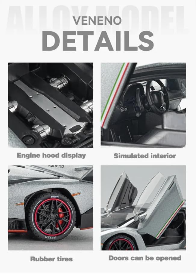 Image of WORSHIPER Alloy Metal Pull Back Die-cast Car 1:24 Big Lamborghini VENENO Toy Diecast Metal Pullback Toy car with Openable 6 Doors, Light Music Boys Gifts Toys