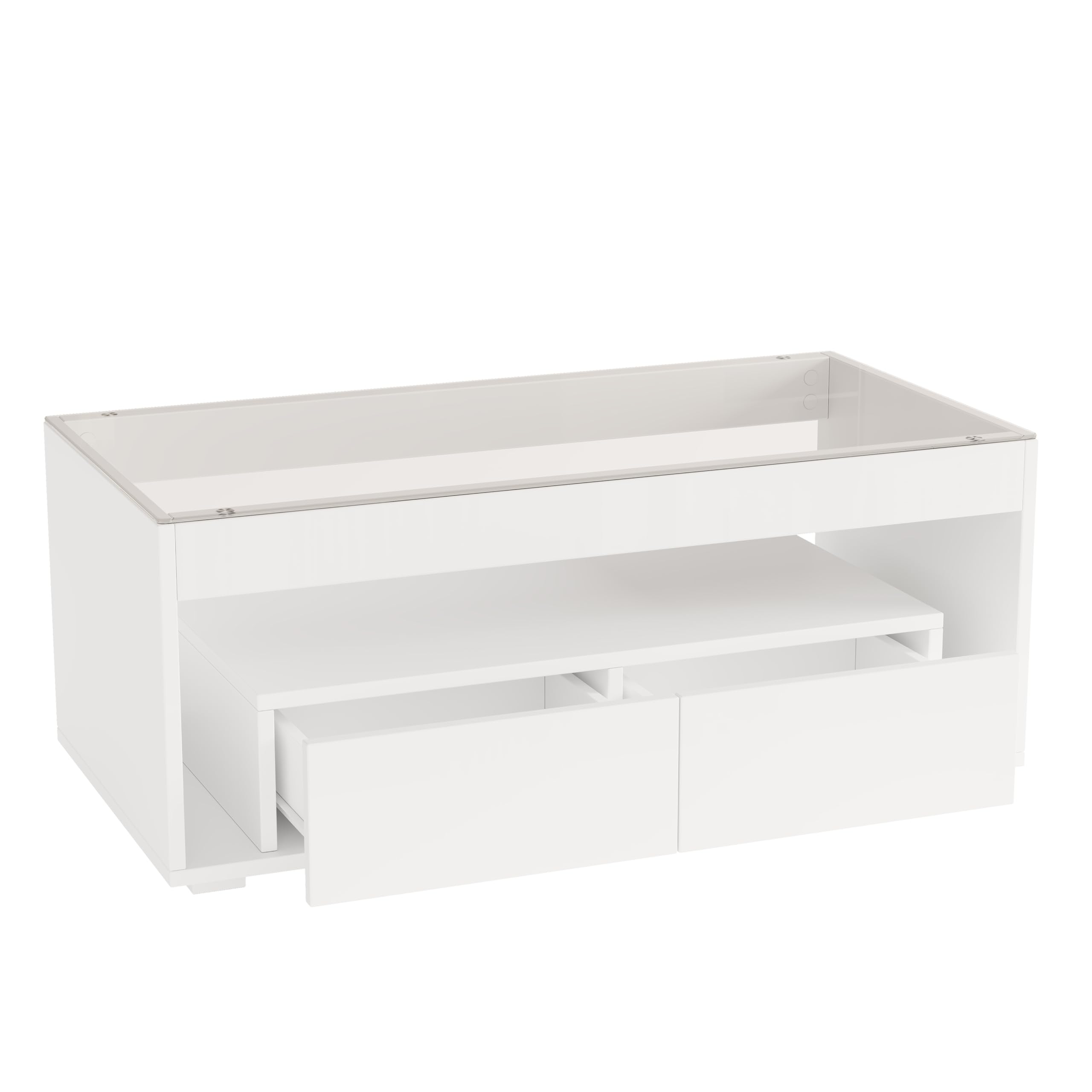 Rechteckiger Couchtisch, Couchtisch Glas, Wohnzimmertisch, Sofatisch, Kaffeetisch mit LED-Licht & 2 Großen Schubladen, Doppelschichtiges Design, Hochglanz, 100×50×40cm (Weiß)