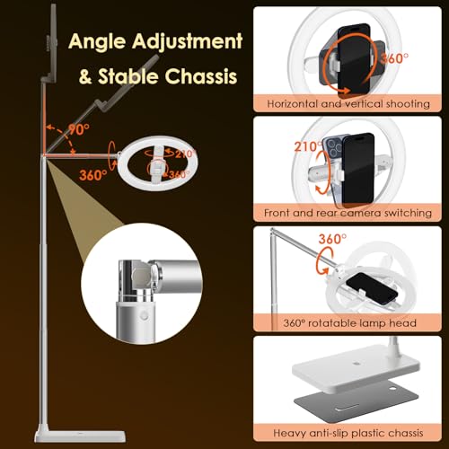 Image of 10 inch Selfie Ring Light with Floor Stand, Overhead Phone Mount with Dimmable LED Light, Tall Adjustable Tripod with Phone Holder and Bluetooth for Recording, Streaming, TikTok & YouTube