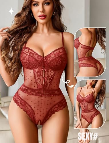 Image of Avidlove Women Sexy Lingerie Sheer Lace Bodysuit V Neck Teddy Lingerie One Piece Mini Babydoll