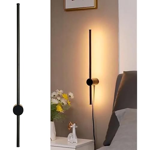 HARWISUP Modern Black Plug in Wall Sconce Linear Adjustable 3000K Wall Mounted Lamp with Plug in Cord on/Off Switch 12W LED Wall Light Fixtures for Bedroom Living Room Hallway
