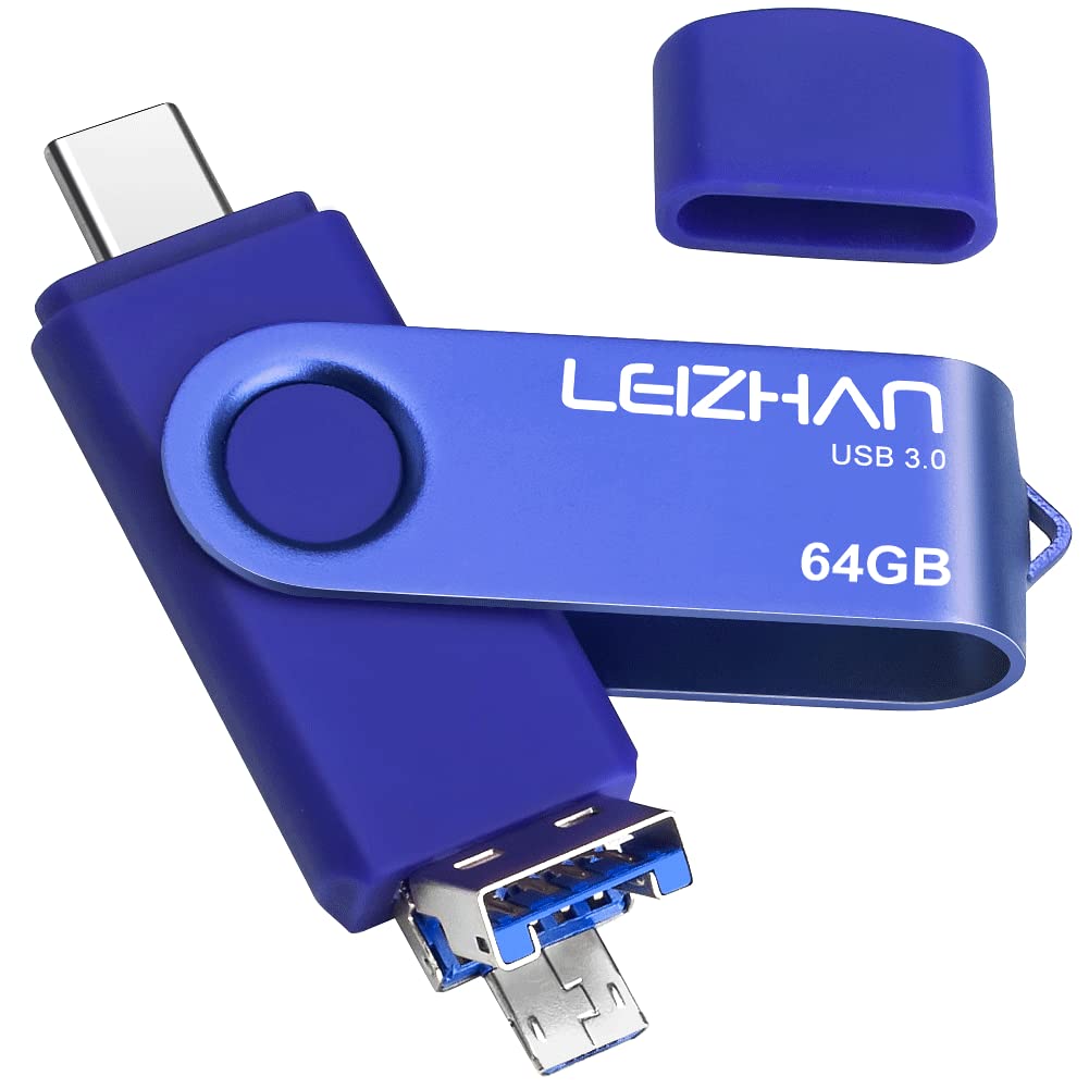 64GB 128GB 3in1 USB STICK 【USB 3.0 + Micro + Type-C】フラッシュドライブタイプ-C インターフェイス用 容量不足解消 64ギガ 大容量 Uスティック (64GB, 青)
