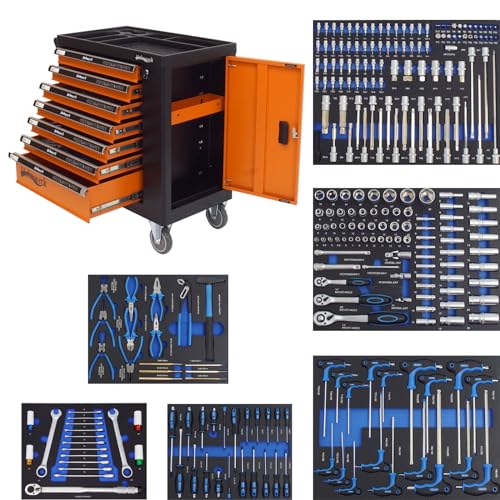 Holmwerk Werkzeugwagen bestückt 252 TLG. XXL Werkstattwagen gefüllt 7 Schubladen + Seitenfach abschließbar 6 bestückte Schubladen mit Schaumstoffeinlagen | Montagewagen Assistent (orange)
