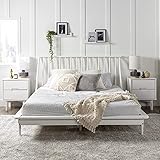 Home Accent Furnishings Mid-Century Modern Solid Wood Queen Platform Bed Frame with Spindle Headboard - White