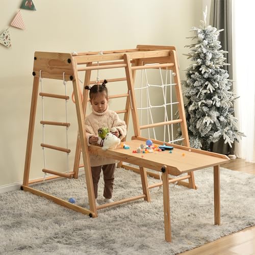 Merax 8 in 1 Toddler Jungle Gym, Foldable Indoor Playground Set, Kids Indoor Wooden Climbing Toys with Swing, Slide, Ladder, Monkey Bar for Kids 3-8 Years, Large