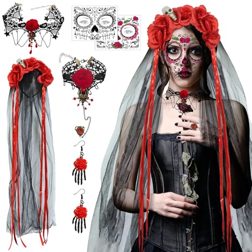 ARONRAVE Diadema con el Día de los Muertos, dia De Los Muertos, diadema de velo, disfraz de Halloween, para mujer, Halloween, tocado de Dia de los Muertos, disfraz, accesorios de maquillaje