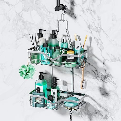 SWTYMIKI Hanging Shower Caddy Organiser, 2-Tier Stainless Steel Shower Shelf Hanging, No Drilling Installation