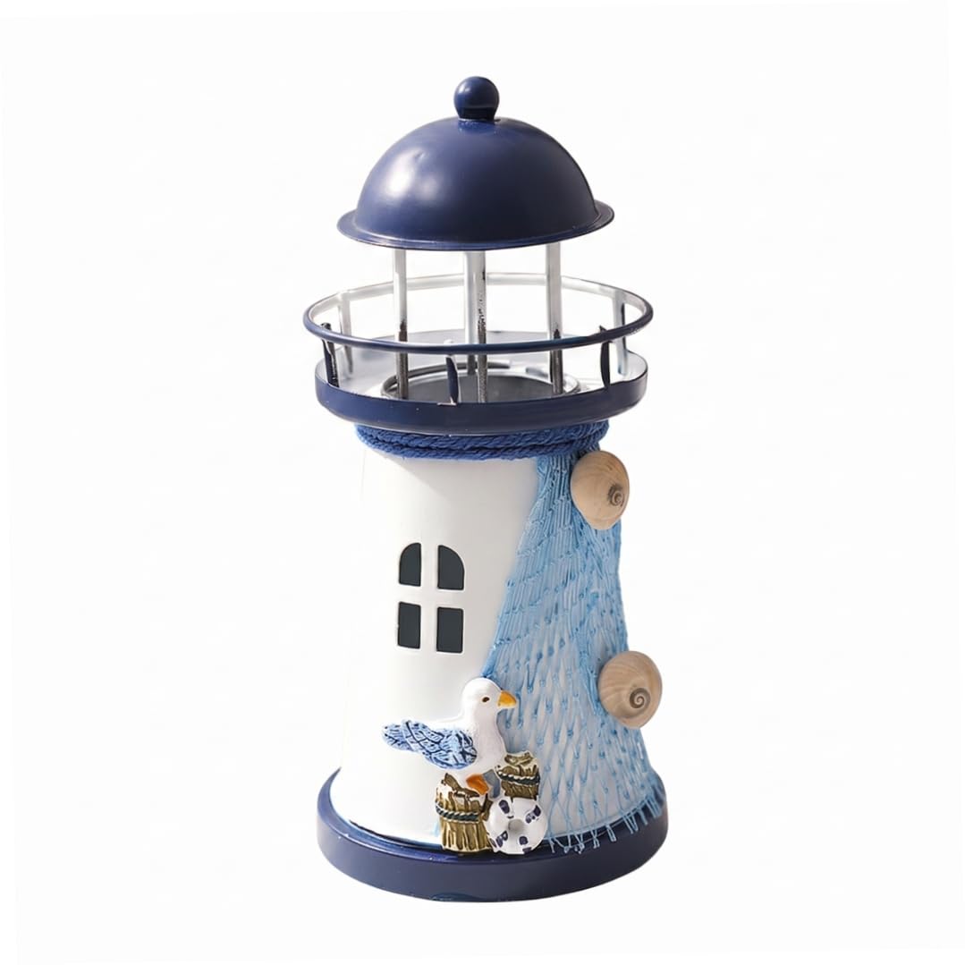 Tsawntd Statues, Lighthouse Decor, Hand-painted Mini Lighthouse Figurine With Led Glow, Mediterranean Coastal Ornament, Blue & White, 5.91 Inch