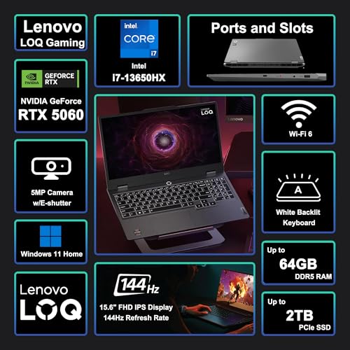 Image of Lenovo LOQ Gaming Laptop 15.6 inch FHD IPS 144Hz (100% sRGB, G-SYNC) Intel 14-core i7-13650HX 32GB RAM 1TB SSD GeForce RTX 5060 DLSS4 (440 AI Tops) Backlit Nahimic 5MP Privacy Camera Win11 ICP Hub