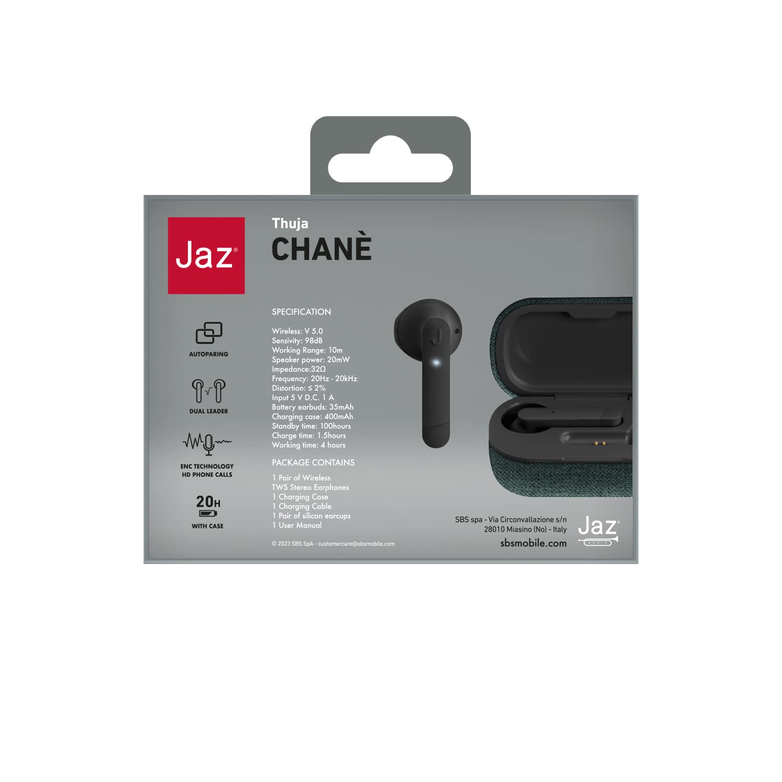 JAZ SBS TWS Chanè - Auriculares con Base de Carga de Tela, Auriculares inalámbricos Verdaderos con micrófono HD, Auriculares inalámbricos con cancelación de Ruido ENC, Cable de Carga USB-C Incluido