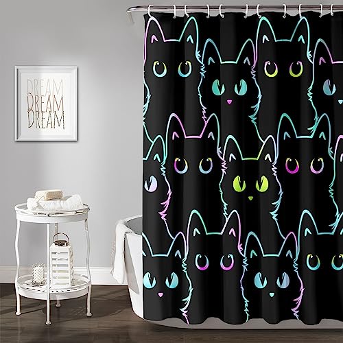 Axolotl Neon Cat Shower Curtain,Cute Kids Shower Curtain Set,Cartoon Cat Curtains for Bathroom,Waterproof Polyester Fabric Shower Curtain Set with 12 Hooks,Kids Bathroom Decor Curtain,70Wx79L Inches