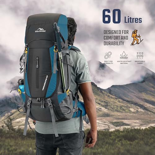 Image of TRAWOC TERRABOUND 60 Liter Camping Backpack Trekking Hiking Ruckssack Travel Bag Front & Top Loading Laptop /Rain Cover /Shoe Compartment, HK014