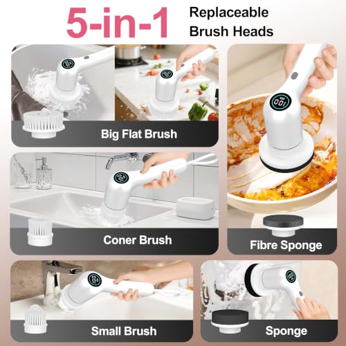 Image of Electric Spin Scrubber, 44 in-lbs High Torque Shower Scrubber & LED Display, 6 in 1, Variable Speed Cordless Shower Cleaner Brush for Cleaning Bathroom, Kitchen, Toilet, Bathtub, Car