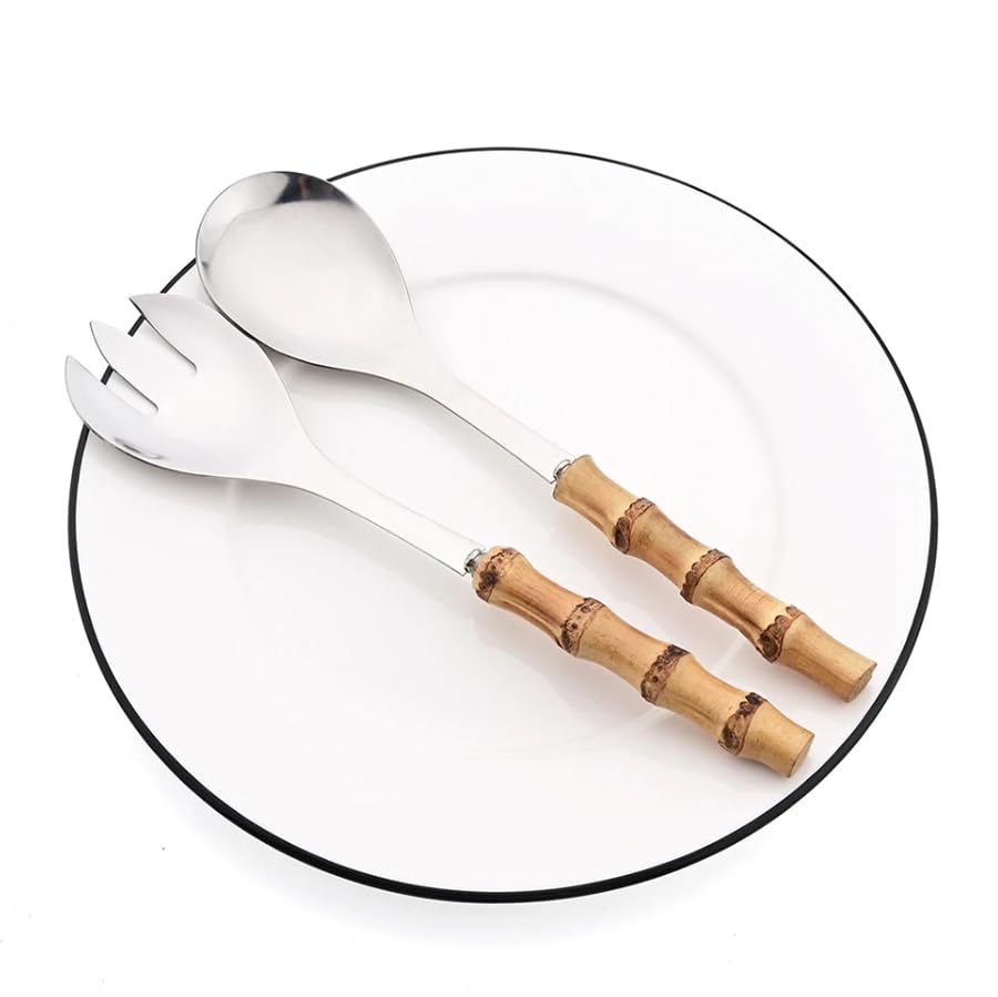 Juego de 4 cucharas y tenedores de ensalada, cuchara de servir de mango largo, tenedor, mango de madera de bambú, vajilla de cocina de acero inoxidable para mezclar frutas, pasta, ensalada, juego de