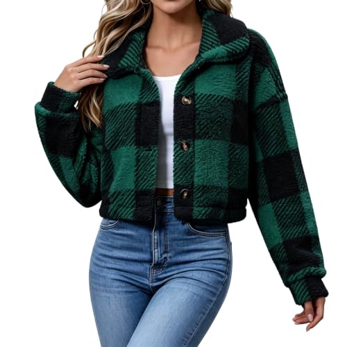 FPMLUXLL Womens Winter Coat Cropped Plaid Lapel Collar Fuzzy Sherpa Jacket - image 4