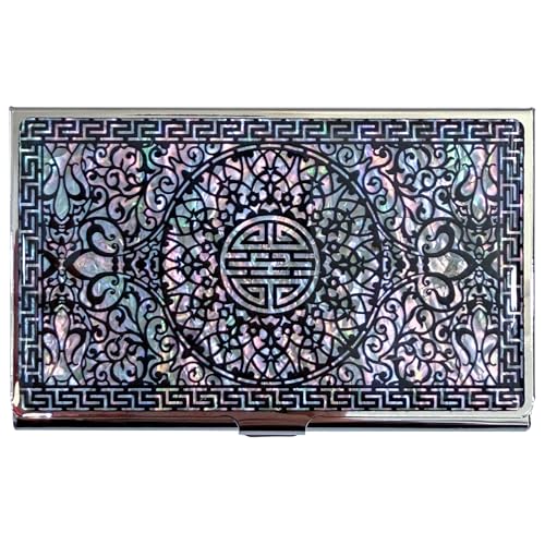 Image of Mother of Pearl Business Card Case Credit Id Name Holder Travel Wallet Art Painting Design Metal Stainless Steel Engraved Slim Purse Pocket Cash Money Wallet (N-Pattern)