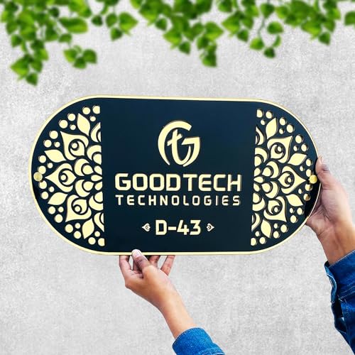Image of BEE CREATIVE Laser Cutting Customise Acrylic Design Name Plate for Home, Office, Flat, Villa, Bungalow, Apartment, Main Door, Outdoor Wall, Gate & Entrance (Golden Bloom Design)