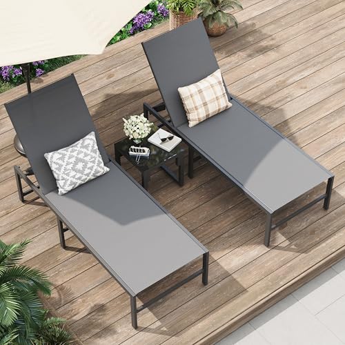 3 Piece Patio Lounge Chair Set, Adjustable Outdoor Chaise Lounge with Heavy-Duty Steel Frame, Weather Resistant Pool Lounge Furniture Set with Side Table for Backyard Beach, 400 LBS Capacity(Gray)