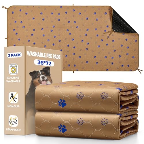 Image of Fostanfly Washable Pee Pads for Dogs, 2 Pack 36''x72'' Ultra-Absorbent and Leak-Proof Non-Slip Reusable Potty Training Pads for Dogs, Puppy, Potty, Whelping of Add 8 Lanyards, Brown