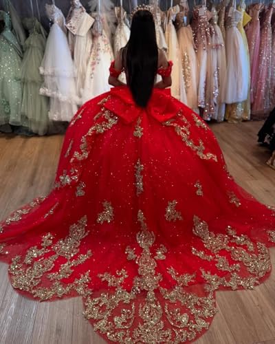 Mouccy Luxury Gold Applique Quinceanera Dresses with Bow Bead Tulle Sweet 16 Dress Off Shoulder Prom Dresses Long Ball Gown2