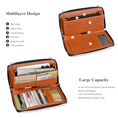 Genuine Leather Multi-Compartment Wallet, Large Capacity, Multi-Card Slot Cell Phone Bag Case (Brown)3