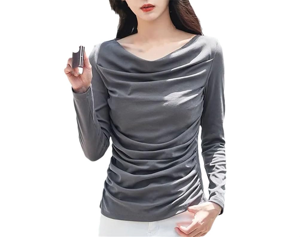 Camiseta de manga larga para mujer, cuello redondo, color liso, estilo clásico, plegable, para oficina