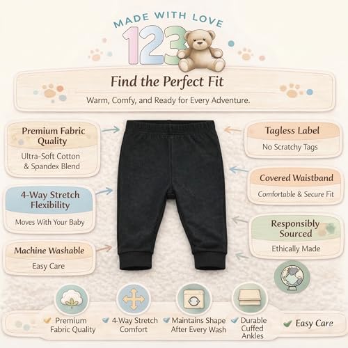 Image of 123 Bear Infant and Toddler Soft Cotton Spandex Boys and Girls Pants Multipacks