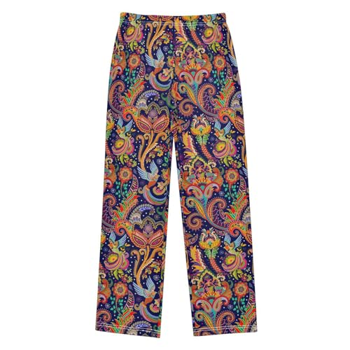 Birds and Paisley Floral Boys Long Pants Soft Trousers Elastic Waist Kids Lounge Bottoms with Pockets S-XL