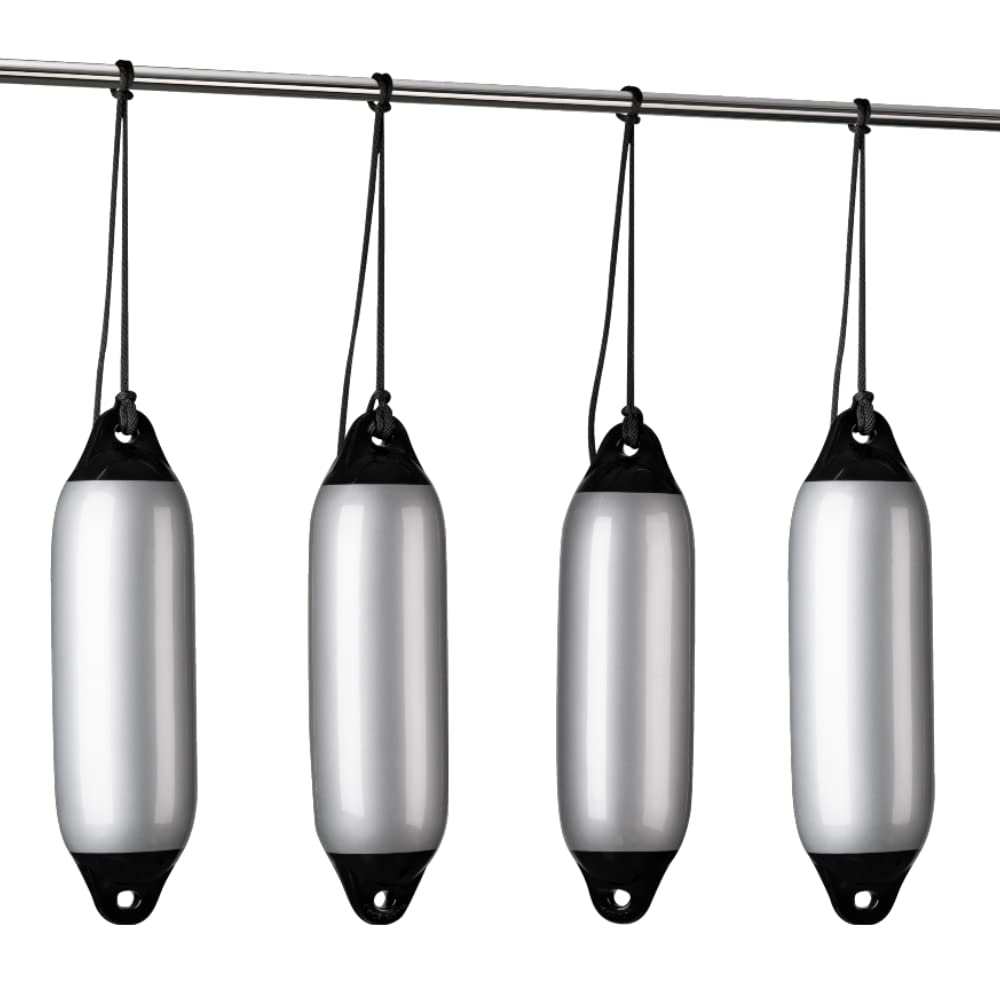 Seilflechter - Bootsfender Set Silber grau mit 4 Aufblasbaren Fendern & 4 Fenderleinen, Maße: 120-210 mm x 450-620 mm, Fenderset
