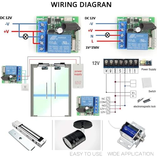 Image of Hexonix 433Mhz Universal Wireless Remote Control Switch DC 12V 1CH RF Relay Receiver Module with Transmitters EV1527 Learning Code Remote Switch (1 Receiver and 1 L-U Remote)