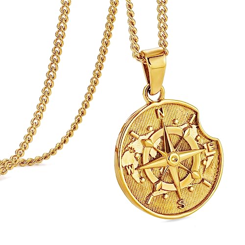 murtoo Or Monnaie Collier homme avec pendentif boussole, chaîne pièce style monnaie, bijou unisexe argent ou or, idée cadeau pour femme et homme