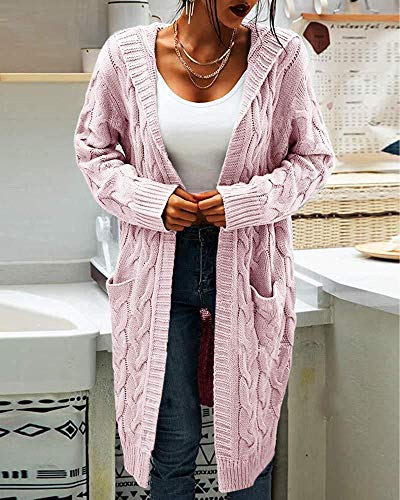 Women's Cable Knit Long Sleeve Sweater Cardigan Open Front Long Cardigans Pocket Hooded Casual Outwear Pink2