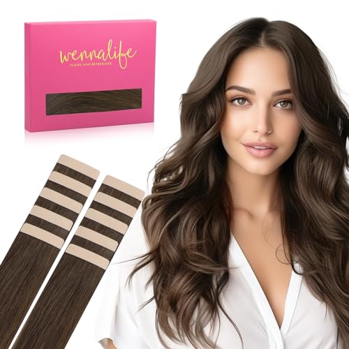 WENNALIFE Tape in Hair Extensions Human Hair Chocolate Brown Tape in Extensions, 10pcs 25g 18 inch Remy Invisible Tape Ins Straight Soft Real Human Hair Tape in Extensions Refill Set Extensions