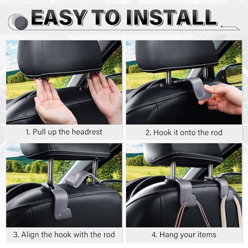 Image of SINGARO 4 Pack Car Seat Headrest Hooks, Vehicle Back Seat Hanger Storage Organizer for Purse Handbag Backpack Coat Grocery, 360 Rotating Heavy Duty Holds 44lbs, Gray
