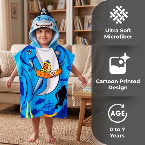 Image of Kids Poncho Towel 120x60 CM, Shark Pirate, Aqua Blue