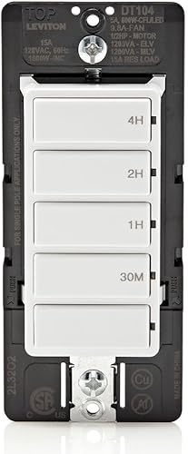 Leviton Interruptor temporizador de cuenta regresiva DT104-1LW para luces domésticas, calentadores y escape, 30 minutos, 1-2-4 horas, no requiere