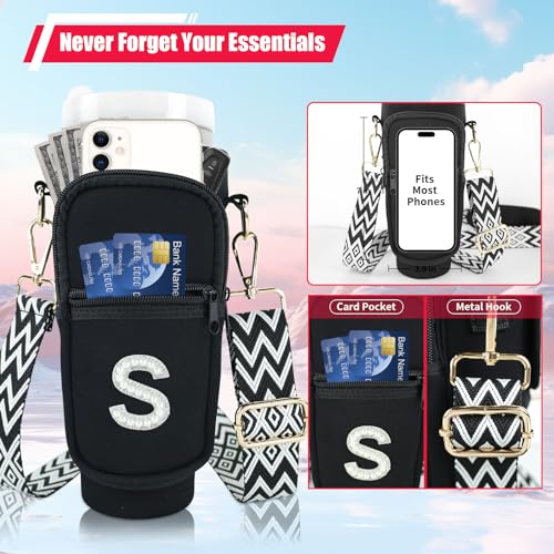 Initial A-Z Water Bottle Carrier Bag with Strap for Stanley 40 oz Tumbler, Personalized Water Bottle Holder Pouch with Pearl Letter Phone Pocket for Stanley Cup Accessories Custom Gift for Women Girls 5
