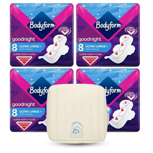 Bodyform Ultra Goodnight Toalhas sanitárias com asas para mulher, fluxo super pesado, uso noturno, 48 almofadas, 6 embalagens de 8 almofadas para o período, série Cour-V Ultra Night, absorção