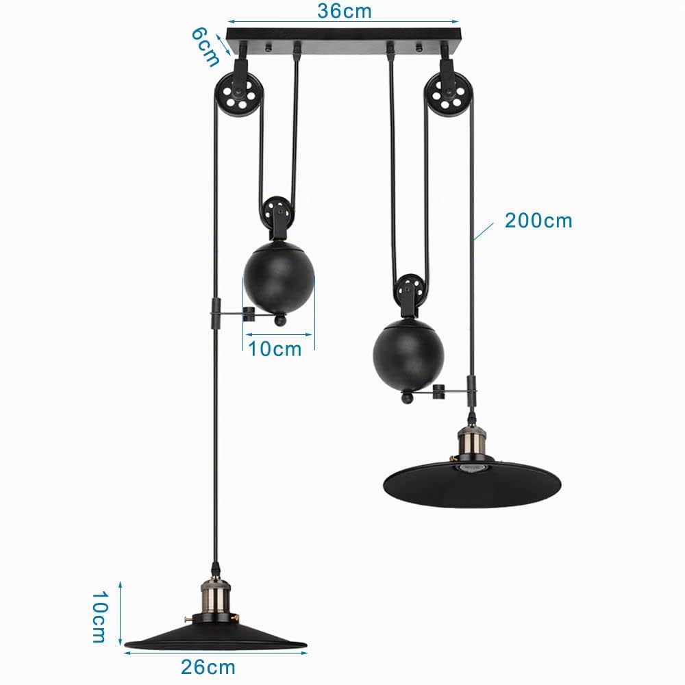 iDEGU 2 Lampes Lustre Industrielle Suspension Luminaire Vintage Plafonnier avec Poulie en Métal Lampe de Plafond Barre, Ø 26cm, Noir (système de poulie - 26cm)