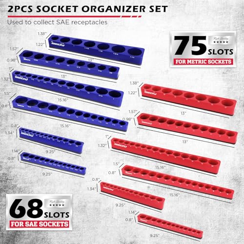 12-Piece 1/4" 3/8" 1/2"-Drive SAE & Metric Magnetic Socket Organizer Set (Holds 143 Sockets) -Detachable Tool Tray with 5mm Magnetic Base for Garage/Home(Sockets Not Included)