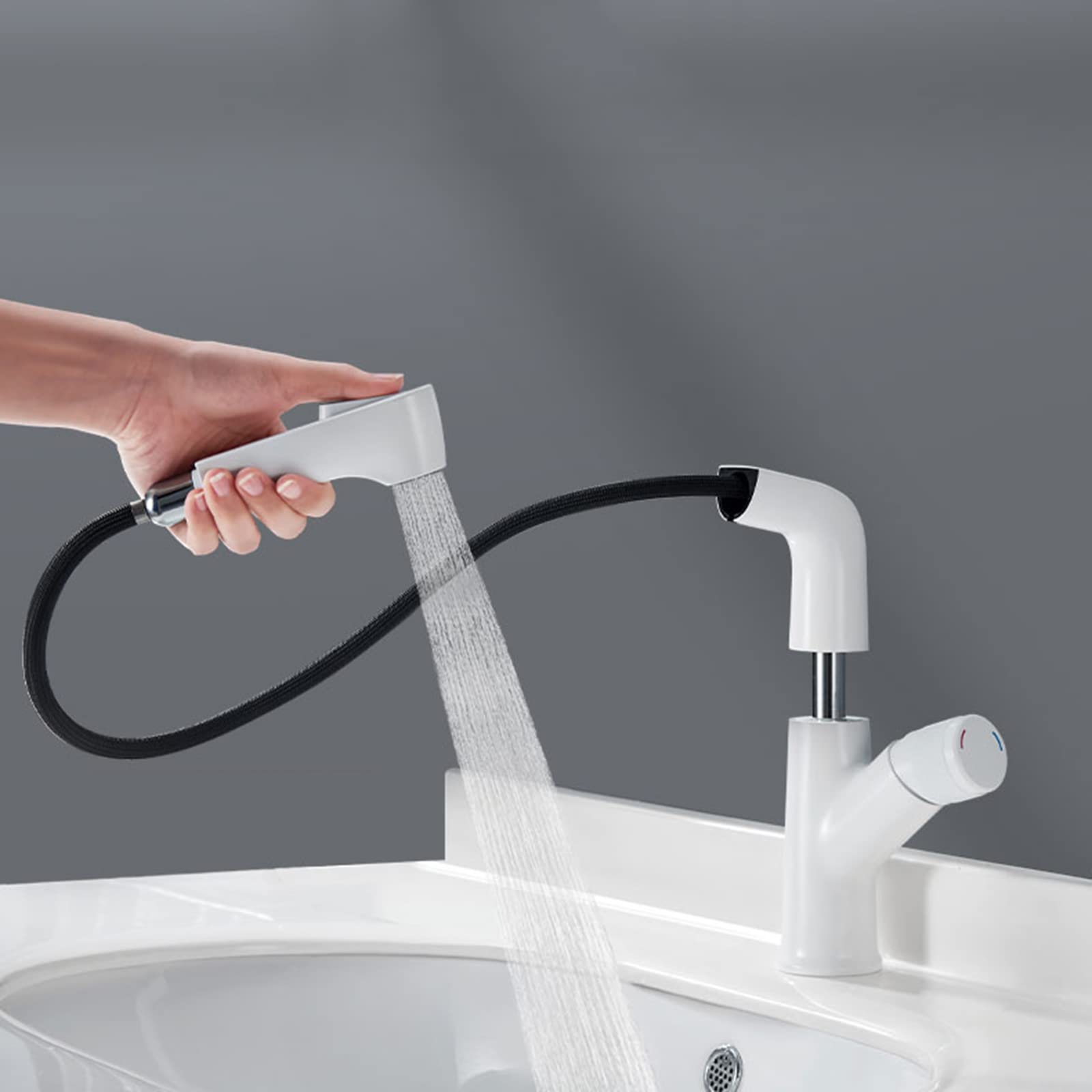 ASerZenith Basin Tap With Pull Out Spray Swivel Telescopic Hot And Cold Brass Bathroom Sink Taps White