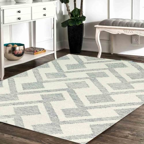 Image of Modern Pattern Wool Carpet with Loop Texture Yarn Carpet Size 10x13 Feet C1 Ivory & Grey Color