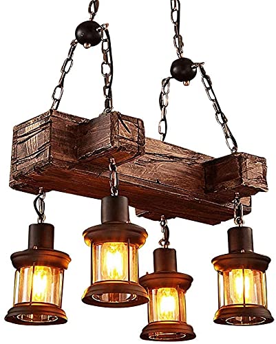 Lan-shop Iluminación de Techo con Vigas de Madera de 4 Luces, lámpara Colgante en V for Cocina y Comedor ，Plafon Techo