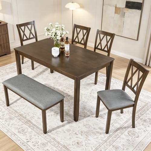Image of LUMISOL 6-Piece Solid Wood Dining Table Set, Wood Kitchen Table with 4 Chairs and Bench, Farmhouse Dining Table with Bench and Chairs Set for Kitchen, Living Room, Walnut