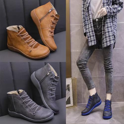 Women's Vintage Casual Short Ankle Boots, 2025 Fall Boot Retro PU Leather Low Heel Flat Cowboy Boots Arch Support Booties Comfortable Slip on Shoes for Women Spring Autumn Winter3