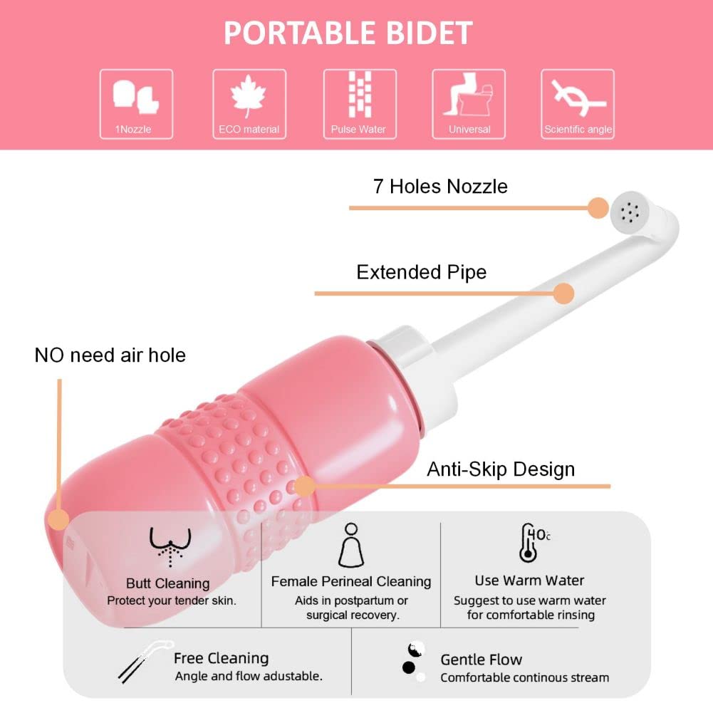 Upside Down Peri Bottle for Postpartum Care, Portable Bidet Bottle with Travel Bag, Handheld Perineal Sprayer,Reusable Douche Bottle for Women,Men,Baby,Personal Hygiene 450ml-2Pack (Pink)