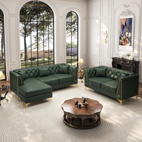 Image of KEIKI 2-Piece Chesterfield Sofa Set with Handmade Button Tufted, Green | 5-Seater Couch Set with 1 Faux Leather 3-Seater Sofa & 1 Loveseat & 1 Ottoman & 5 Pillow, Easy Assembly, for Living Room