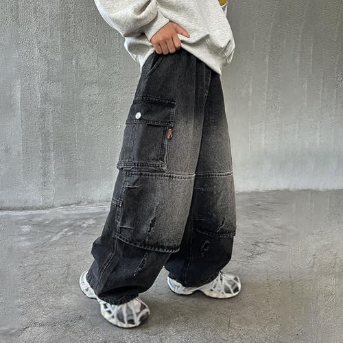 Cargo Pants for Boys Baggy Straight Wide Leg Casual Elastic Waisted Y2k Stretchy Relaxed Fit Denim Pants with Pockets2