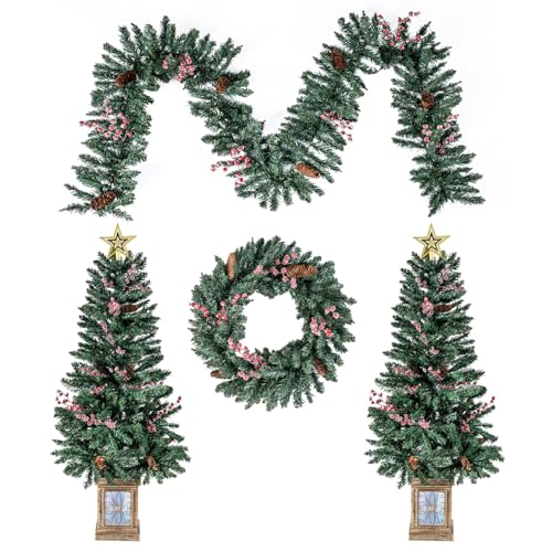 COSTWAY Künstlicher Weihnachtsbaum im Topf 2er Set, 120 cm Mini Tannenbaum mit Weihnachtsgirlande & Weihnachtskranz, Christbaum mit Kiefernzapfen, frostigen roten Beeren & Stern, Kunstbaum Weihnachten