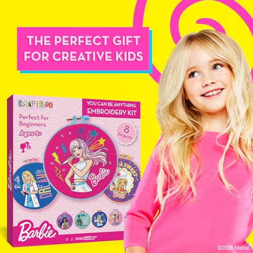 Image of Barbie Embroidery Kit for Kids Ages 8-12 - 8 Beginner Designs, 2 Hoops